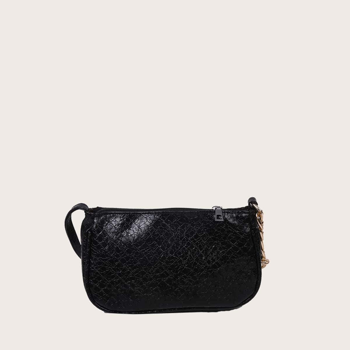 

Croc Embossed Chain Baguette Bag, Black