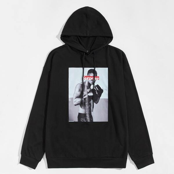 

Men Letter and Figure Graphic Drop Shoulder Hoodie, Black
