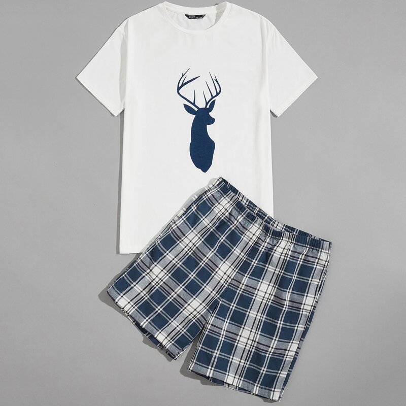 

Guys Deer Print Tee and Tartan Shorts PJ Set, Blue and white