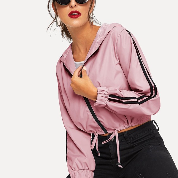 

Striped Side Drawstring Hem Wind Hooded Jacket, Pink