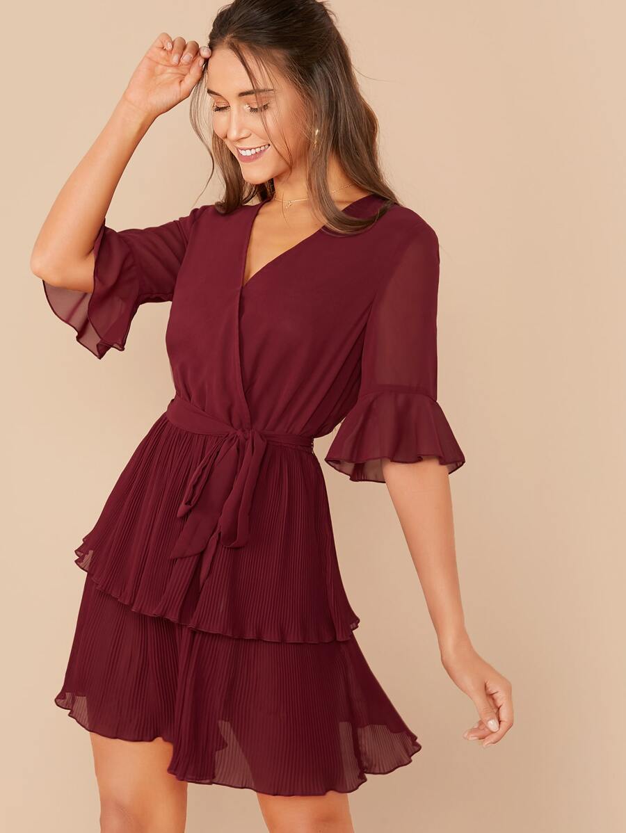 SHEIN Surplice Neck Layered Plisse Ruffle Hem Belted Dress - Burgundy - View 1