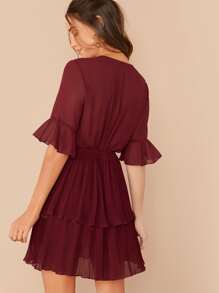 SHEIN Surplice Neck Layered Plisse Ruffle Hem Belted Dress - Burgundy - View 2