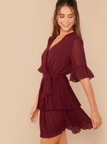 SHEIN Surplice Neck Layered Plisse Ruffle Hem Belted Dress - Burgundy - View 3