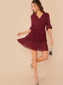 SHEIN Surplice Neck Layered Plisse Ruffle Hem Belted Dress - Burgundy - View 4