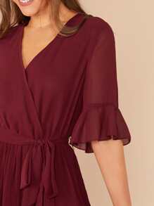 SHEIN Surplice Neck Layered Plisse Ruffle Hem Belted Dress - Burgundy - View 5