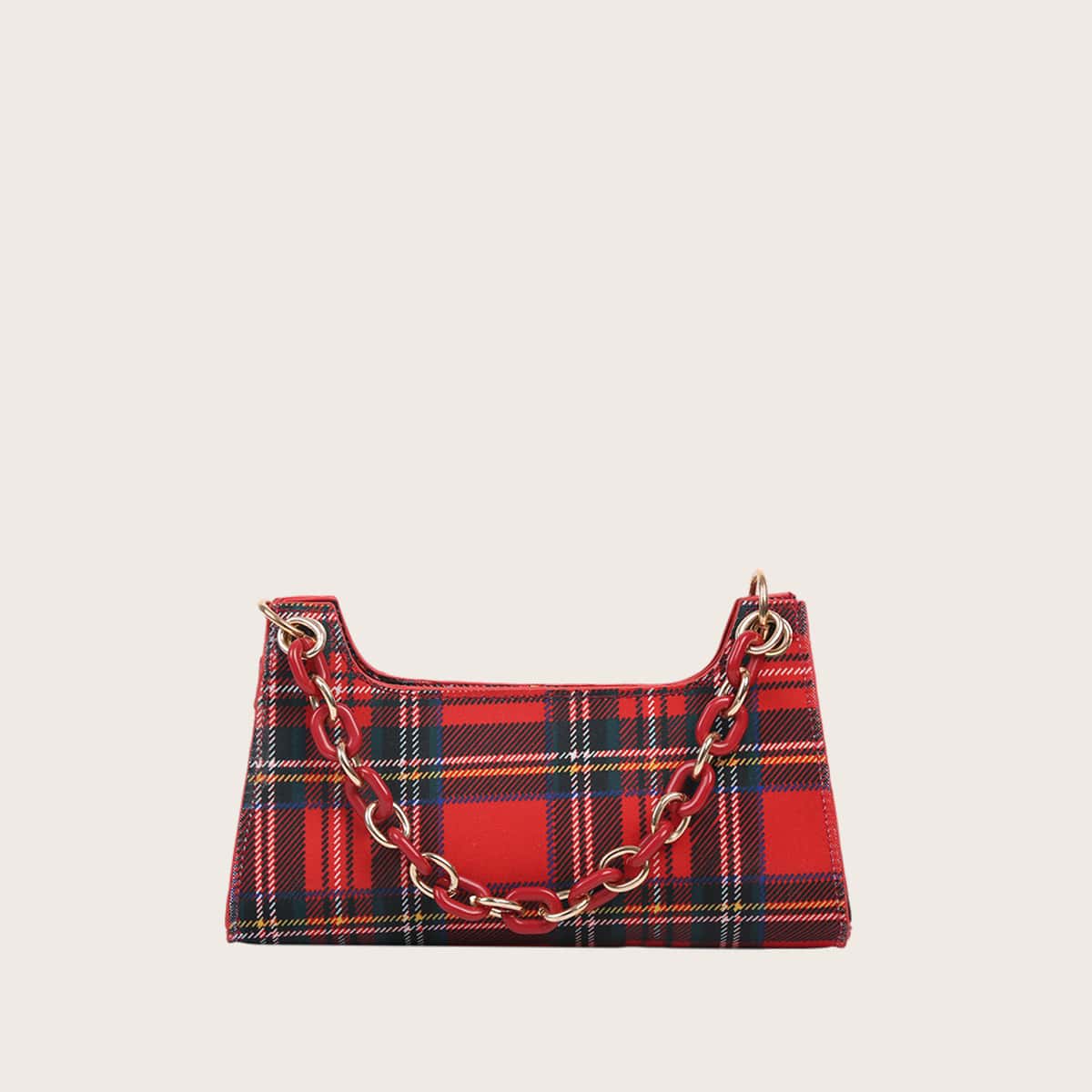 

Braided Strap Tartan Baguette Bag, Red