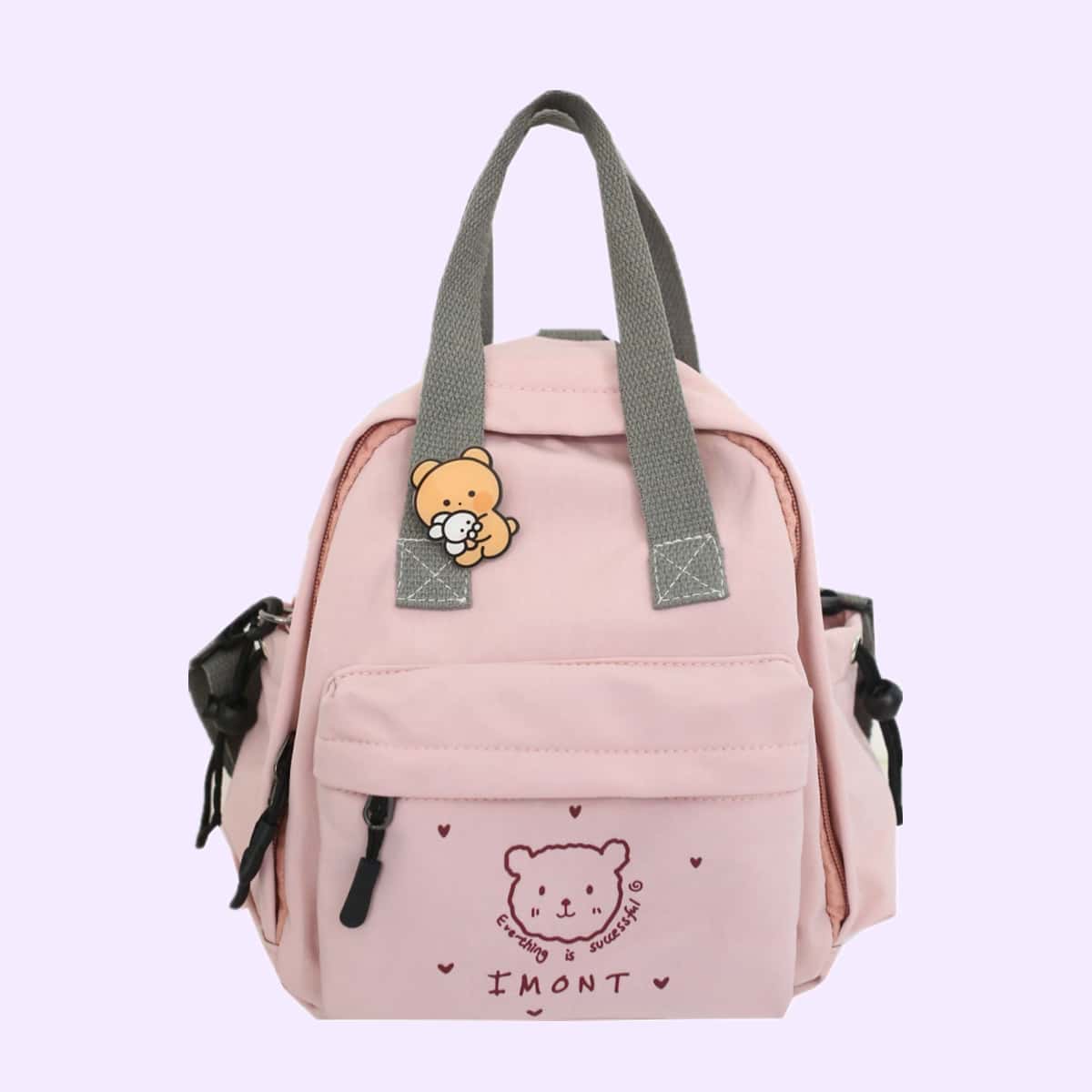 

Cartoon Bear Zip Backpack, Pastel baby pink