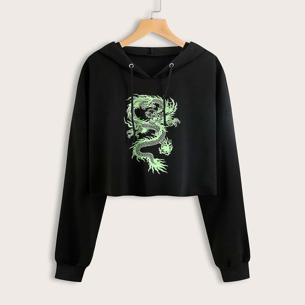 

Dragon Print Drawstring Crop Hoodie, Black