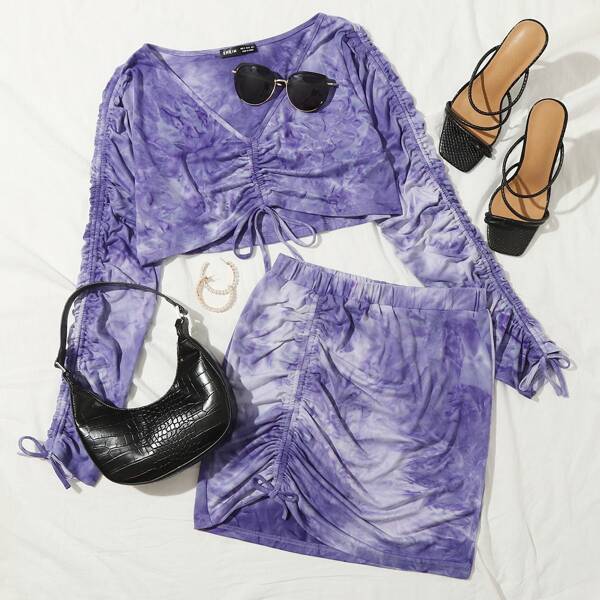 

Ruched Drawstring Knot Tie Dye Top & Skirt Set, Violet purple
