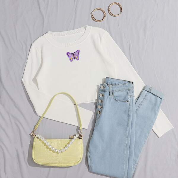 

Butterfly Patched Ribbed Knit Sweater, White