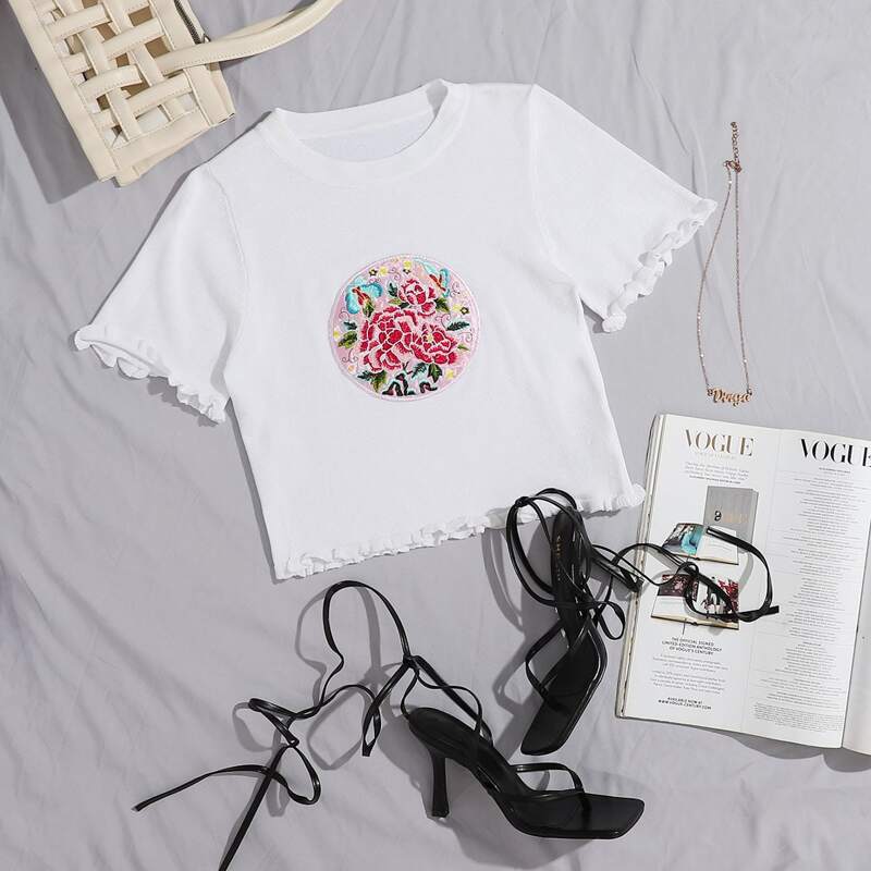 

Frill Trim Floral Embroidery Knit Top, White