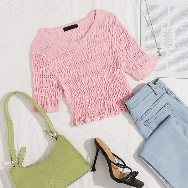 

Solid Shirred Knit Top, Baby pink