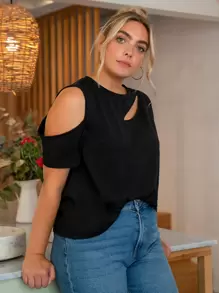 SHEIN LUNE Plus Cold Shoulder Cut Out Front Top - Black - View 4