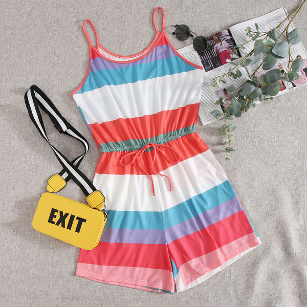 

Color-block Knot Front Cami Romper, Multicolor