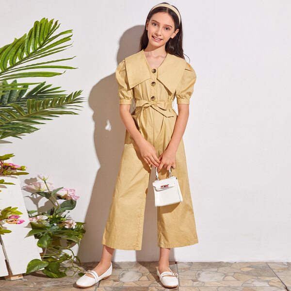

Girls Collared Puff Sleeve Buttoned Front Self Belted Wide Leg Jumpsuit, Khaki