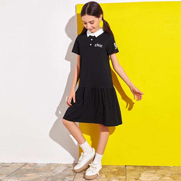 

Girls Letter Graphic Flippy Hem Polo Dress, Black