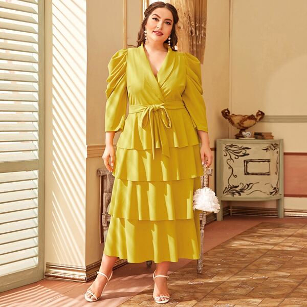 

Plus Shawl Collar Leg-of-mutton Sleeve Self Belted Layered Dress, Mustard yellow