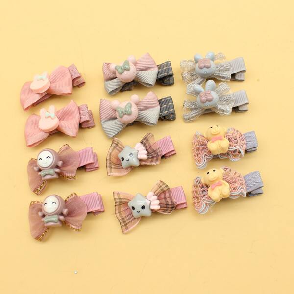 

12pcs Girls Bow Cartoon Hair Clip, Multicolor