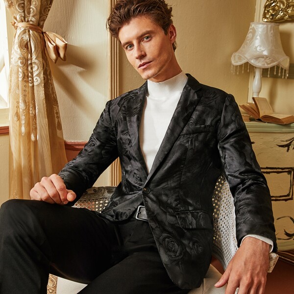 

Men Single Button Jacquard Blazer, Black