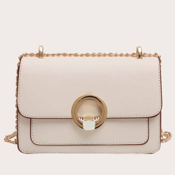 

Metal Decor Flap Crossbody Bag, Beige