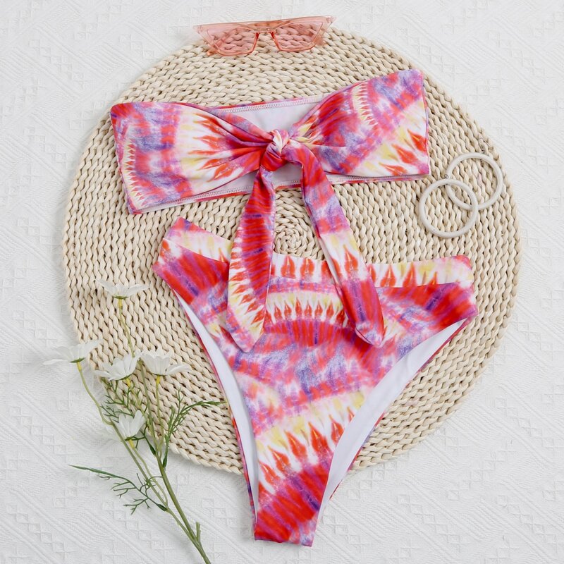 

Tie Dye Knot Bandeau High Waisted Bikini Swimsuit, Multicolor