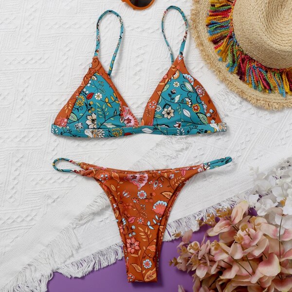 

Floral Triangle Thong Bikini Swimsuit, Multicolor