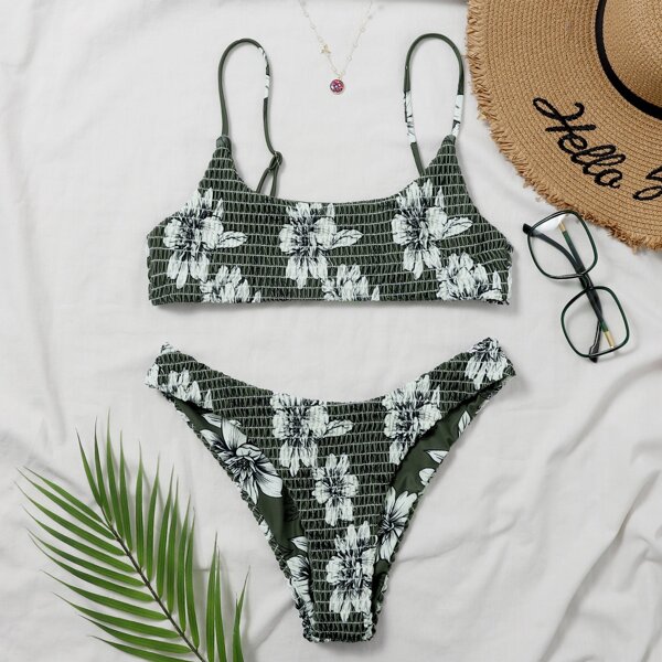 

Floral Smocked Cheeky Bikini Swimsuit, Dark green