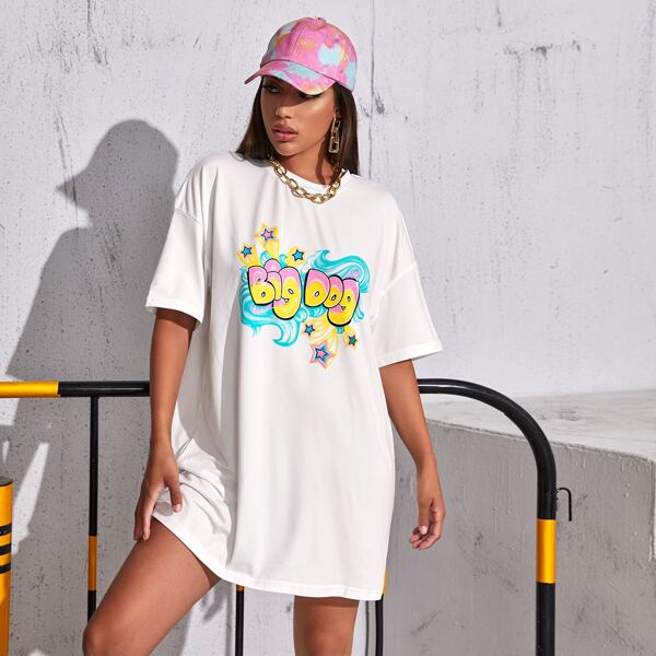 

Drop Shoulder Star & Letter Graphic Longline Tee, White