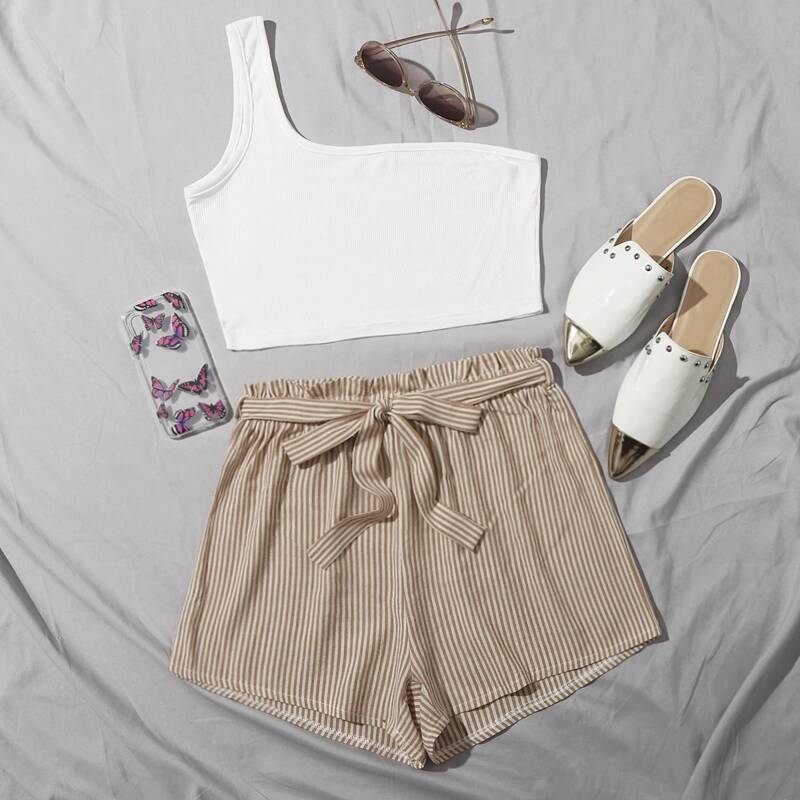 

One Shoulder Top & Striped Belted Shorts, Multicolor