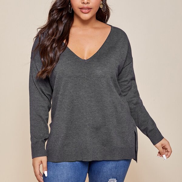 

Plus Solid V-neck Slit Hem Sweater, Dark grey