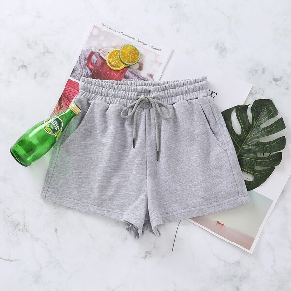 

Plus Solid Drawstring Waist Shorts, Grey