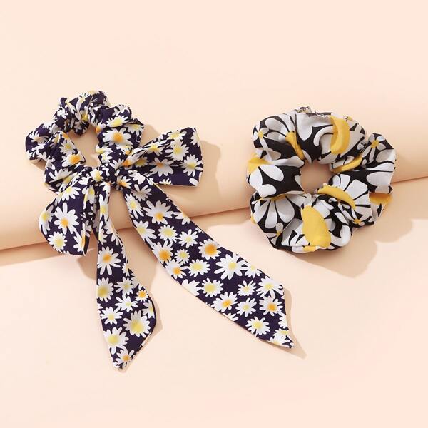 

2pcs Daisy Floral Pattern Scrunchie, Multicolor