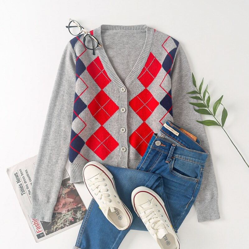 

Argyle Print Button Through Cardigan, Grey