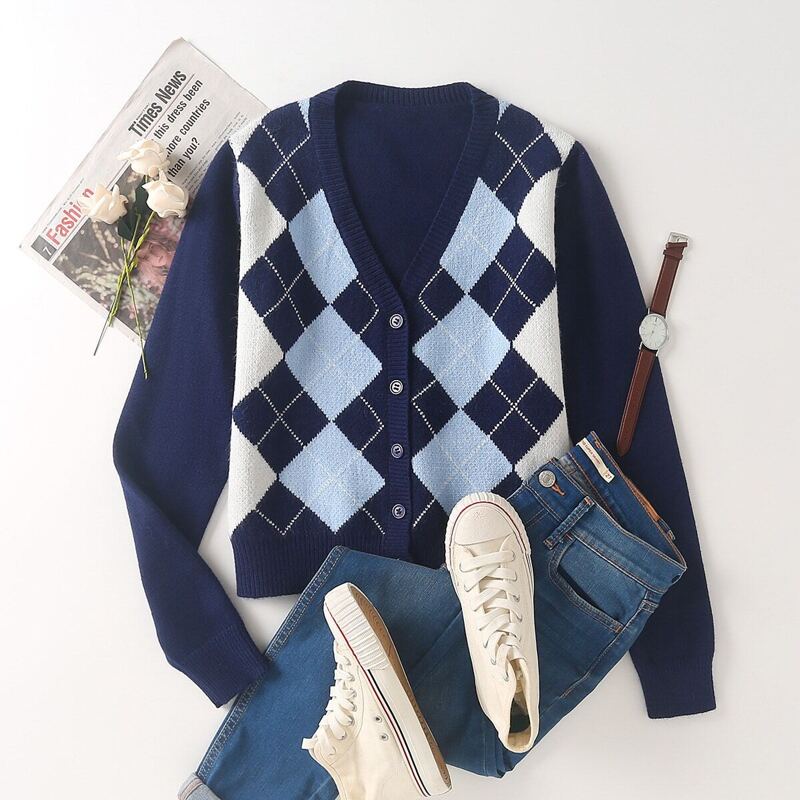 

Argyle Button Through Cardigan, Navy blue