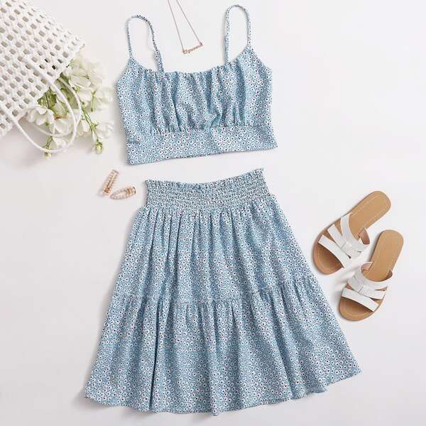 

All Over Print Shirred Cami Top With Skirt, Baby blue