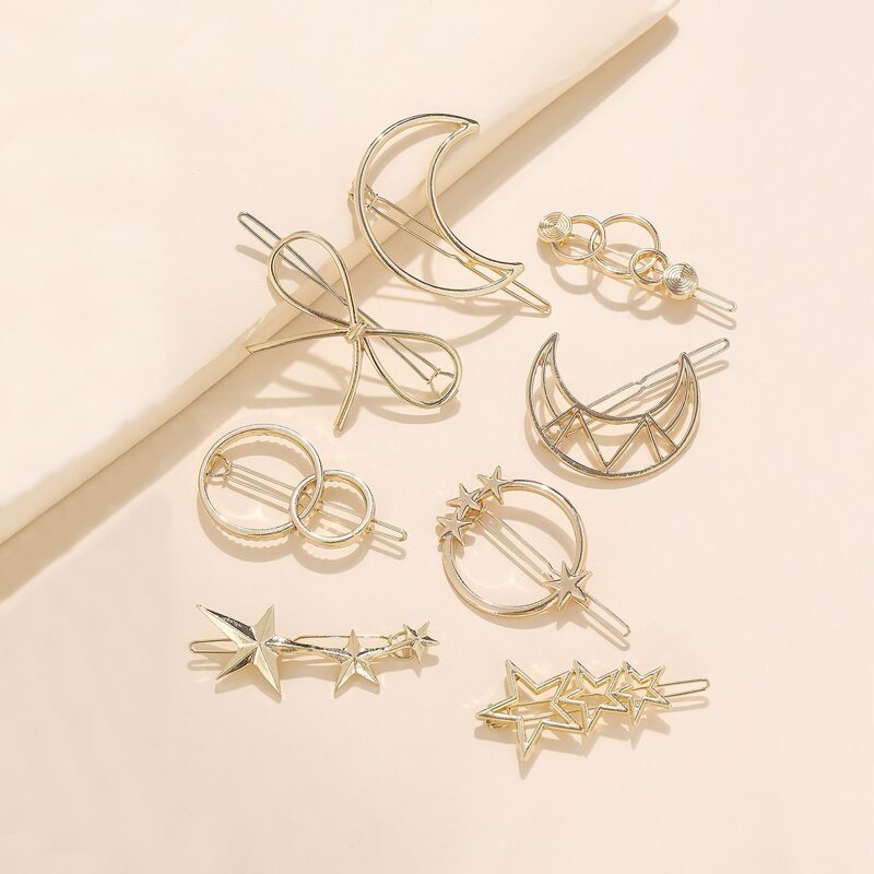 

8pcs Metal Pentagram Moon Hair Clip, Gold