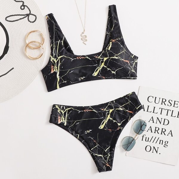 

Marble Print Bikini Swimsuit, Black