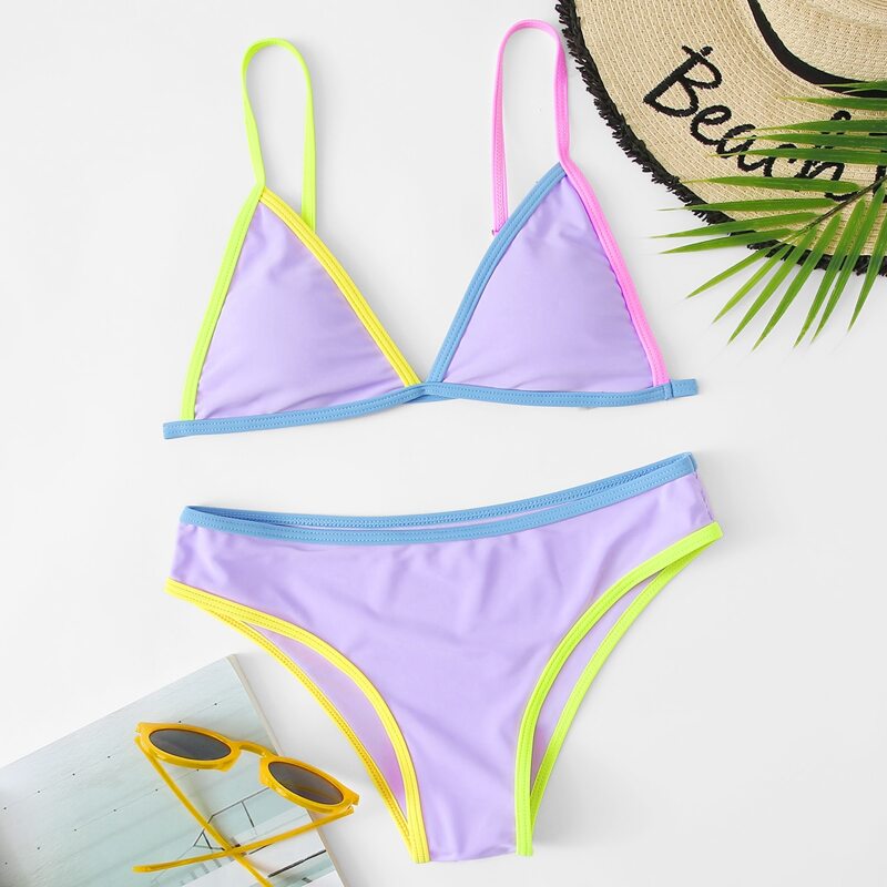 

Contrast Binding Triangle Bikini Swimsuit, Pastel lilac purple