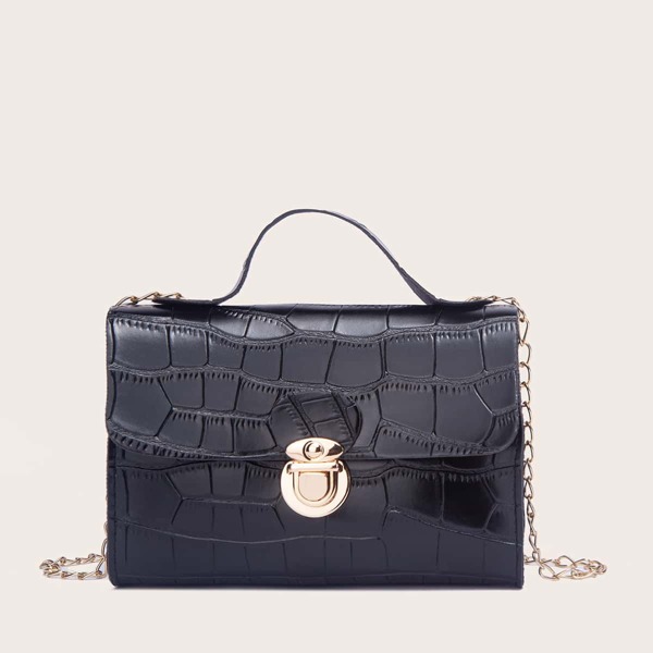 

Croc Embossed Flap Satchel Bag, Black