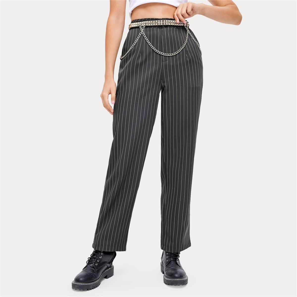 

Striped Pants Without Chain Belt, Black