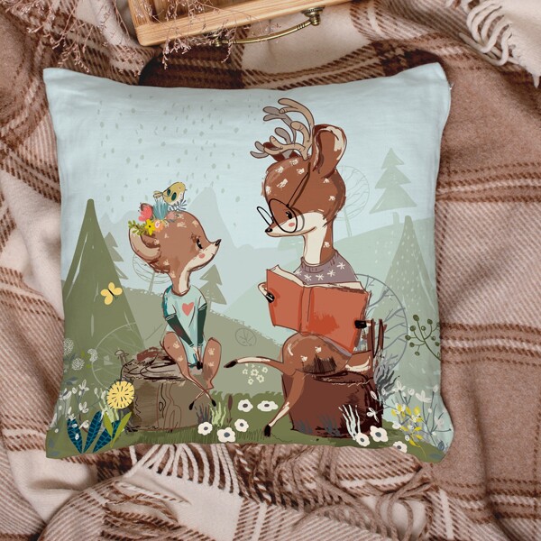 

Cartoon Deer Print Cushion Cover Without Filler, Multicolor