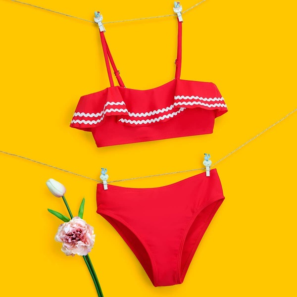 

Girls Wave Striped Ruffle Hem Bikini Swimsuit, Red