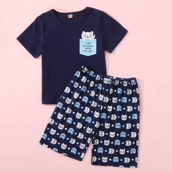 

Girls Letter & Cartoon Graphic PJ Set, Navy blue
