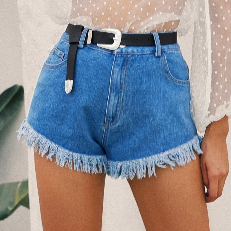 

Raw Hem Solid Denim Shorts With Belt, Medium wash