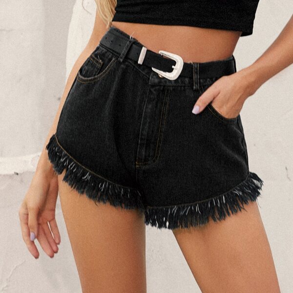 

Solid Raw Hem Denim Shorts With Belt, Dark grey