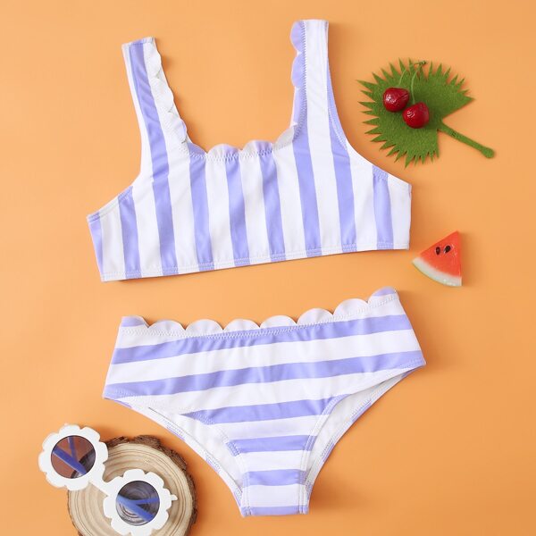 

Girls Striped Scallop Trim Bikini Swimsuit, Pastel lilac purple