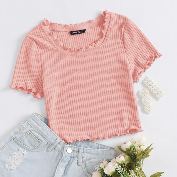

Lettuce Trim Rib-knit Tee, Coral pink