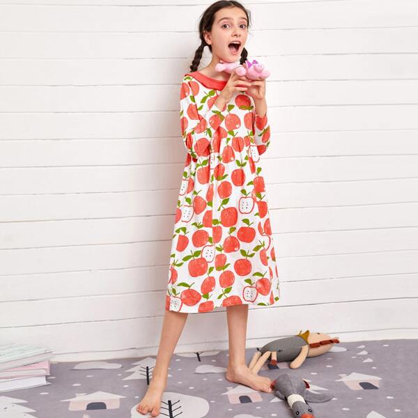 

Girls Allover Apple Print Nightdress, Multicolor