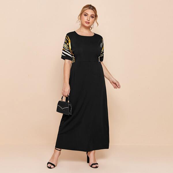 

Plus Contrast Panel Split Hem Dress, Black