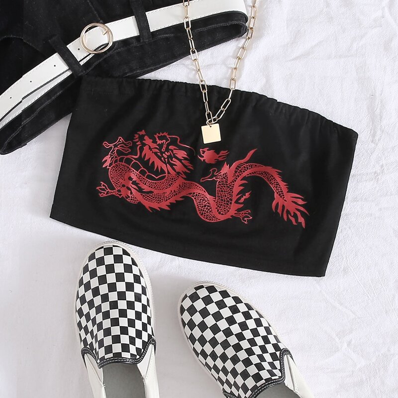 

Dragon Print Crop Bandeau Top, Black